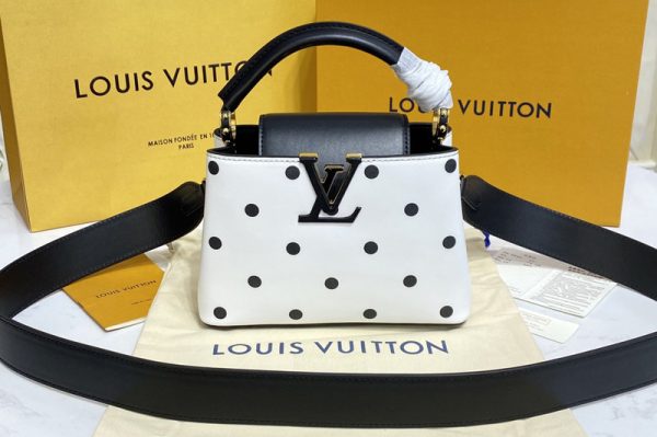 Replica Louis Vuitton M20372 LV Capucines Mini handbag on Black/White Taurillon Calfskin leather