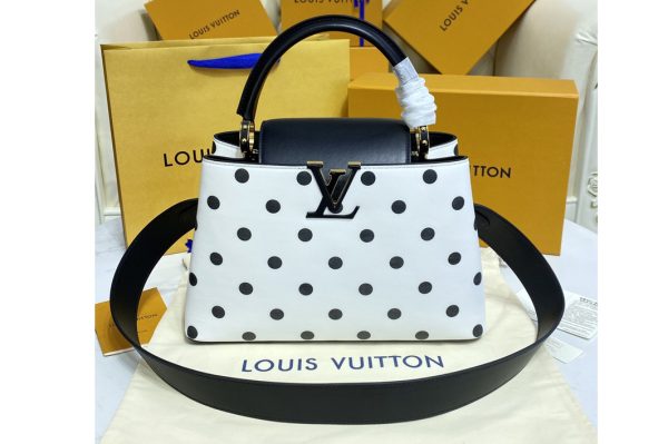 Replica Louis Vuitton M20374 LV Capucines MM handbag on Black/White Taurillon Calfskin leather