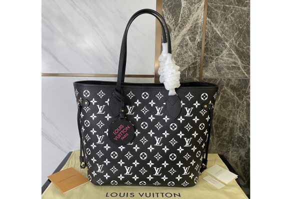 Replica Louis Vuitton M46103 LV Neverfull MM tote bag on Black/White/Pink Monogram-embossed leathers