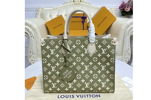 Replica Louis Vuitton M46060 LV OnTheGo tote bag on Khaki Green/Beige/Cream Monogram Empreinte Leather