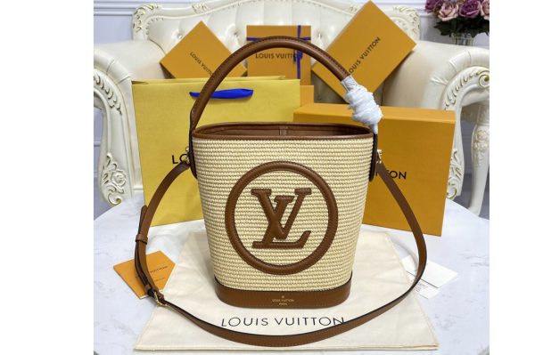 Replica Louis Vuitton M59962 LV Petit Bucket bag in Brown Synthetic knitted raffia