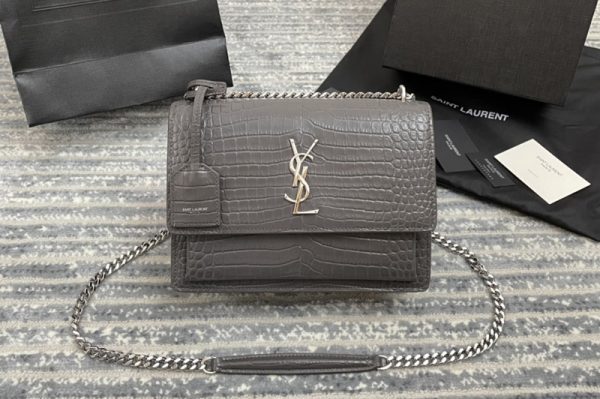 Replica YSL 442906 Saint Laurent Medium Sunset Monogram Bag in Gray Crocodile Leather With Silver Hardware