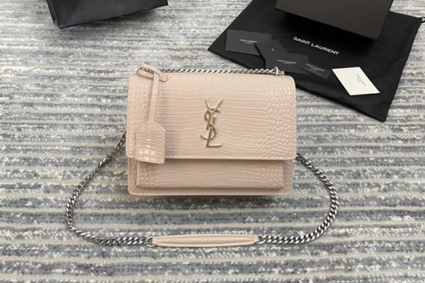 Replica YSL 442906 Saint Laurent Medium Sunset Monogram Bag in Pink Crocodile Leather With Silver Hardware