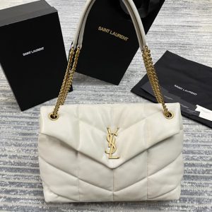 Replica Saint Laurent 577475 YSL Loulou Puffer Medium Bag in White Quilted Lambskin Leather Gold Hardware