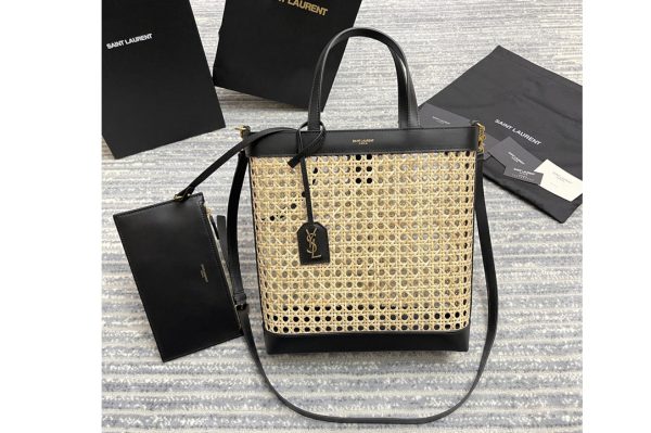 Replica Saint Laurent 655161 YSL n/s toy shopping bag in woven cane and Black leather