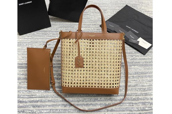 Replica Saint Laurent 655161 YSL n/s toy shopping bag in woven cane and Brown leather