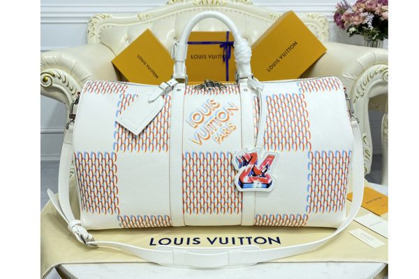 Replica Louis Vuitton M20563 LV Keepall Bandoulière 50 travel bag in White Damier Spray cowhide leather