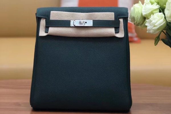 Replica Hermes kelly ado 22cm backpack Original Togo Leather Full Handstitch Green Silver Hardware