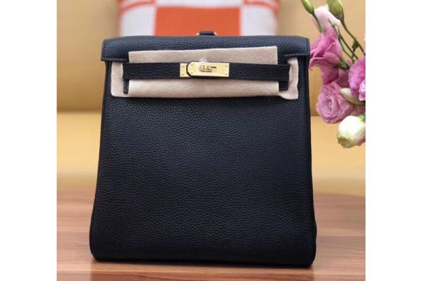 Replica Hermes kelly ado 22cm backpack Original Togo Leather Full Handstitch Black Gold Hardware