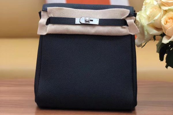 Replica Hermes kelly ado 22cm backpack Original Black Togo Leather Full Handstitch Silver Hardware