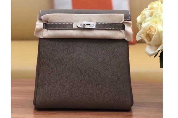 Replica Hermes kelly ado 22cm backpack Original Togo Leather Full Handstitch Grey Leather Silver Hardware