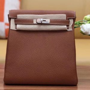 Replica Hermes kelly ado 22cm backpack Original Togo Leather Full Handstitch Tan Leather Silver Hardware