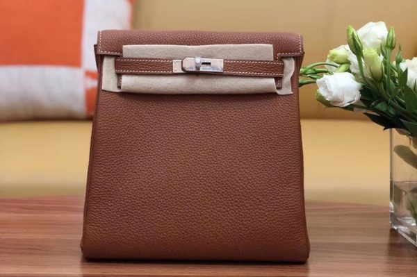 Replica Hermes kelly ado 22cm backpack Original Togo Leather Full Handstitch Tan Leather Silver Hardware