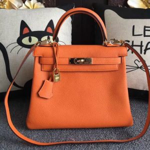 Replica Hermes Kelly 28 Tote Bags Original Togo Leather Full Handstitched Orange