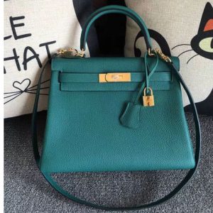 Replica Hermes Kelly 28 Tote Bags Original Malachite Green Togo Leather Full Handstitched