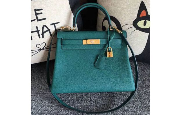 Replica Hermes Kelly 28 Tote Bags Original Malachite Green Togo Leather Full Handstitched