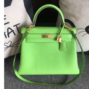 Replica Hermes Kelly 28 Tote Bags Original Togo Leather Handstitched Candy Green