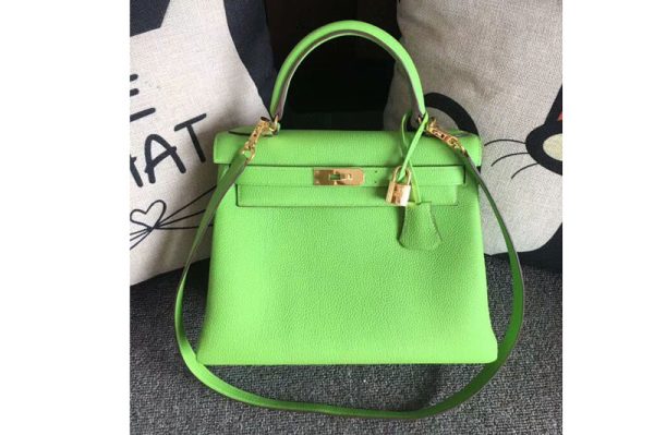 Replica Hermes Kelly 28 Tote Bags Original Togo Leather Handstitched Candy Green