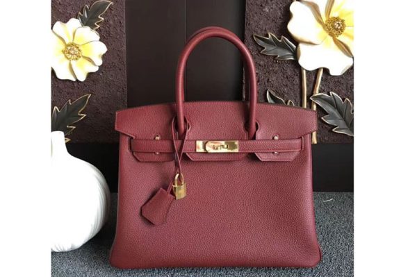 Replica Hermes Birkin 30 Tote Bags Original Wine Togo Leather Full Handstitched Gold Hardware