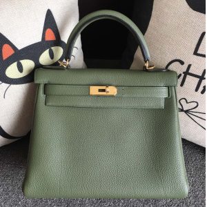 Replica Hermes Kelly 28cm Bag Full Handmade in Original Green Togo Leather With Gold Buckle