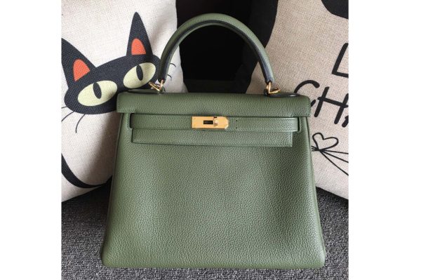 Replica Hermes Kelly 28cm Bag Full Handmade in Original Green Togo Leather With Gold Buckle