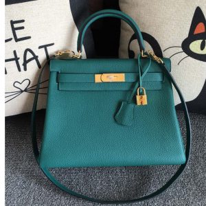 Replica Hermes Kelly 28cm Bag Full Handmade in Original Green Togo Leather With Gold Buckle