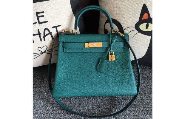 Replica Hermes Kelly 28cm Bag Full Handmade in Original Green Togo Leather With Gold Buckle