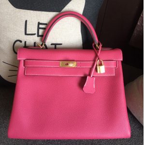 Replica Hermes Kelly 28cm Bag Full Handmade in Original Raspberry Togo Leather With Gold Buckle