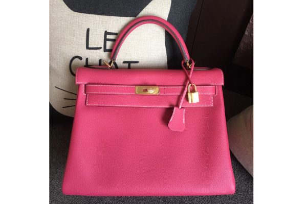 Replica Hermes Kelly 28cm Bag Full Handmade in Original Raspberry Togo Leather With Gold Buckle