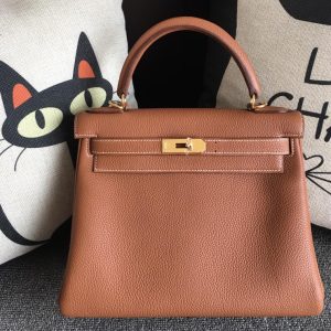 Replica Hermes Kelly 28cm Bag Full Handmade in Original Brown Togo Leather With Gold Buckle