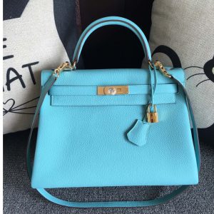 Replica Hermes Kelly 28cm Bag Full Handmade in Original Light Blue Togo Leather With Gold Buckle