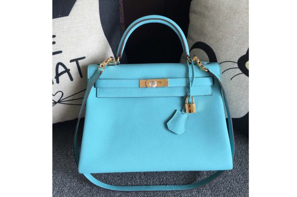 Replica Hermes Kelly 28cm Bag Full Handmade in Original Light Blue Togo Leather With Gold Buckle