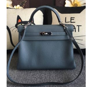 Replica Hermes Kelly 28cm Bag Full Handmade in Original Navy Blue Togo Leather With Silver Buckle