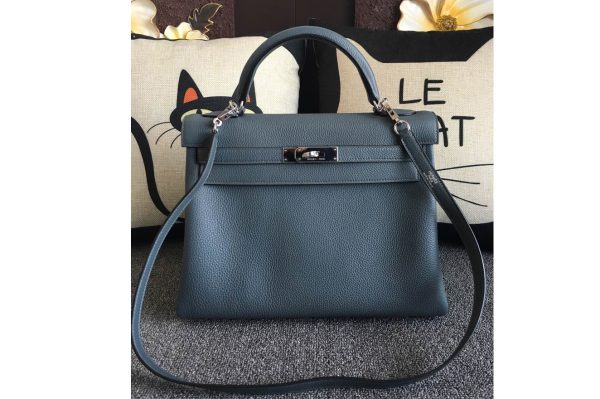 Replica Hermes Kelly 28cm Bag Full Handmade in Original Navy Blue Togo Leather With Silver Buckle