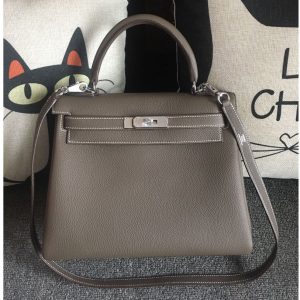 Replica Hermes Kelly 28cm Bag Full Handmade in Original Gray Togo Leather With Silver Buckle