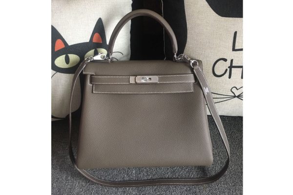 Replica Hermes Kelly 28cm Bag Full Handmade in Original Gray Togo Leather With Silver Buckle