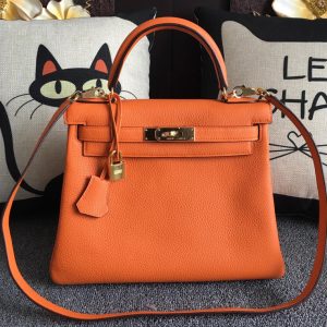 Replica Hermes Kelly 28cm Bag Full Handmade in Original Orange Togo Leather With Gold Buckle