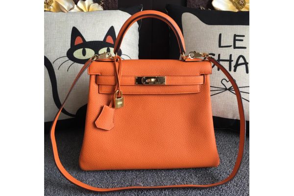 Replica Hermes Kelly 28cm Bag Full Handmade in Original Orange Togo Leather With Gold Buckle