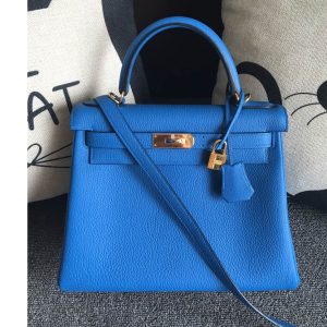 Replica Hermes Kelly 28cm Bag Full Handmade in Original Blue Togo Leather With Silver Buckle