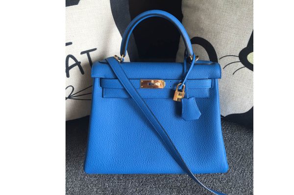 Replica Hermes Kelly 28cm Bag Full Handmade in Original Blue Togo Leather With Silver Buckle