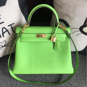 Replica Hermes Kelly 28cm Bag Full Handmade in Original Green Togo Leather With Gold Buckle