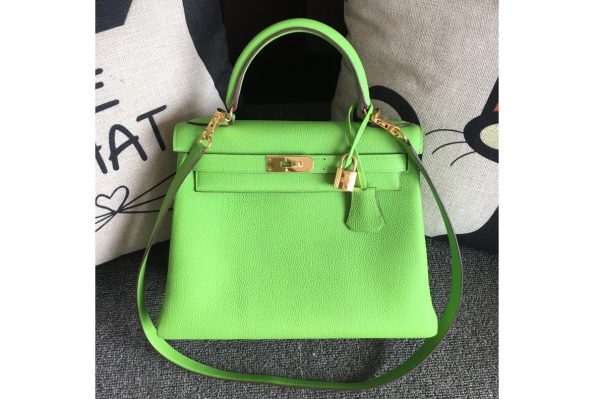 Replica Hermes Kelly 28cm Bag Full Handmade in Original Green Togo Leather With Gold Buckle