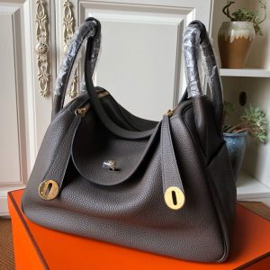 Replica Hermes Lindy 26cm Bag in Original Dark Gray Togo Leather With Gold Buckle