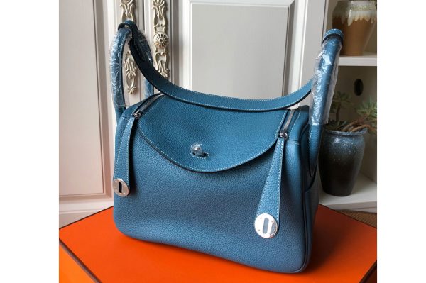 Replica Hermes Lindy 26cm Bag in Original Blue Togo Leather With Silver Buckle