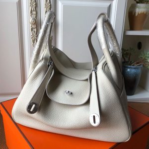 Replica Hermes Lindy 26cm Bag in Original White Togo Leather With Silver Buckle