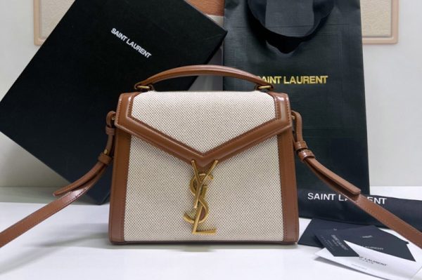 Replica Saint Laurent 623930 YSL CASSANDRA MINI TOP HANDLE BAG IN CANVAS AND Brown SMOOTH LEATHER