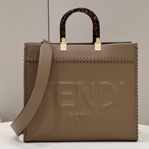 Replica Fendi 8BH386 Medium Sunshine shopper Bag in Khaki leather shopper with decorative stitching