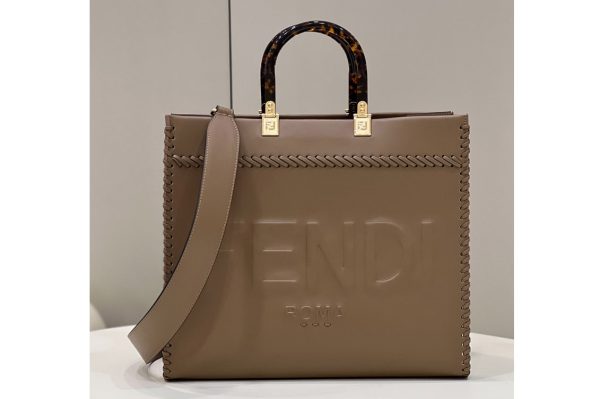 Replica Fendi 8BH386 Medium Sunshine shopper Bag in Khaki leather shopper with decorative stitching