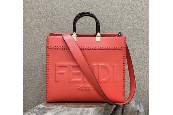 Replica Fendi 8BH386 Medium Sunshine shopper Bag in Red leather shopper with decorative stitching