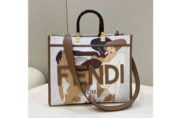 Replica Fendi 8BH386 Medium Sunshine Shopper bag in FF white glazed fabric